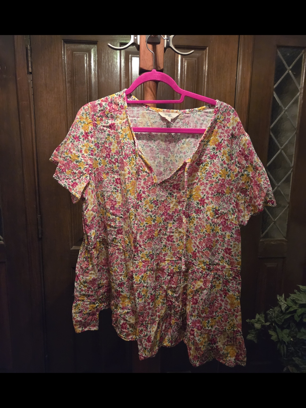 Terra & Sky Pink and Yellow Floral V-Neck Tunic